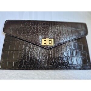 Talbots Envelope-style Leather Clutch bag Dark Brown, Crocodile-embossed Leather